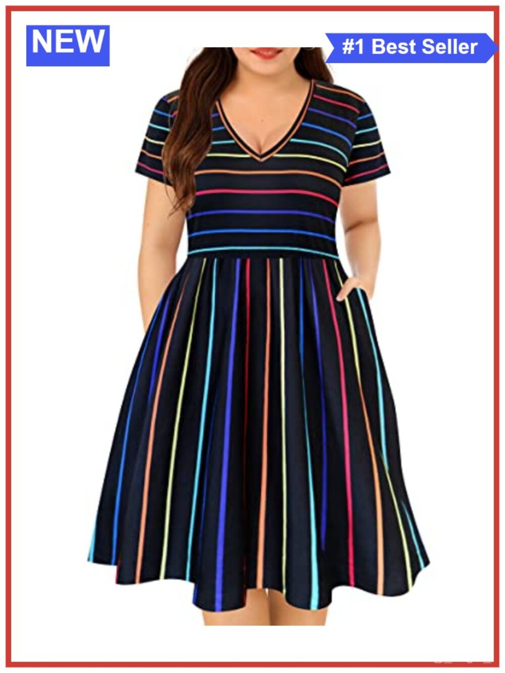 Plus Size Dress V Neck Short Sleeve Casual Knee Length with Pockets